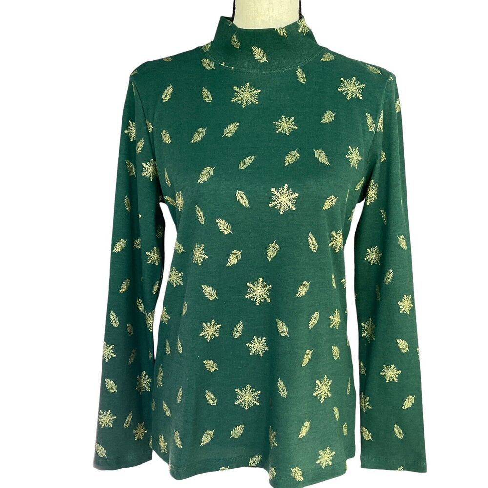Karen Scott Medium Top Holiday Leaf Snowflake Long Sleeve Stretch Mock Neck